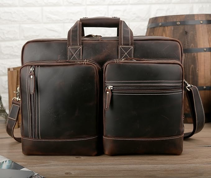 Leather Briefcase for Men Expandable Large 17 Inch Laptop Crossbody Shoulder Bag Business Travel Duffel Attache Case