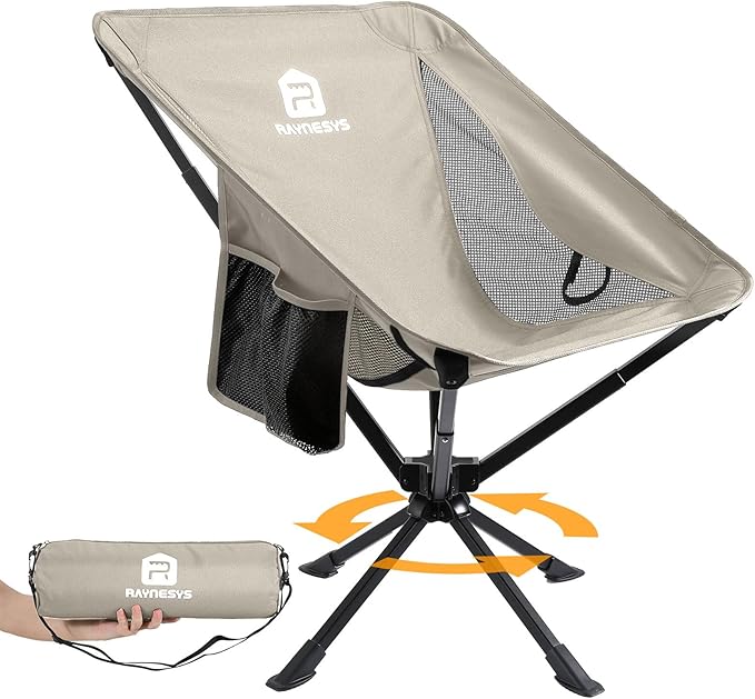 Raynesys Portable Camping Chair 1 Pack, 8 Seconds Quick Setup Folding Camping Chair, Flexible 360Â° Rotation, 3.8Lb Lightweight Travel Chairs for Easy Carry to Hiking, Sporting, Beach, Khaki