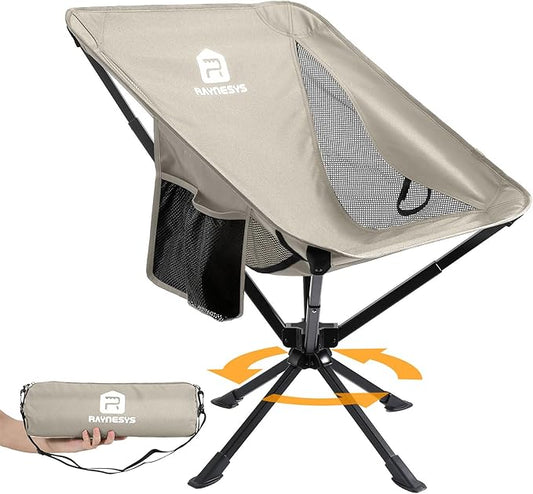 Raynesys Portable Camping Chair 1 Pack, 8 Seconds Quick Setup Folding Camping Chair, Flexible 360Â° Rotation, 3.8Lb Lightweight Travel Chairs for Easy Carry to Hiking, Sporting, Beach, Khaki