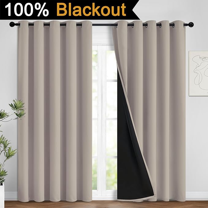 Yakamok 100% Blackout Curtains 63 Inches Long, 2 Thick Layers Heat and Full