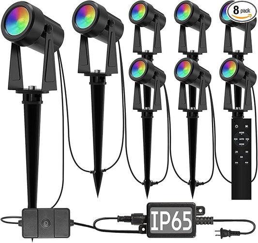 SUNTHIN Outdoor Landscape Lighting with Remote, RGBW Color Changing Spot Uplights, 8 Pack