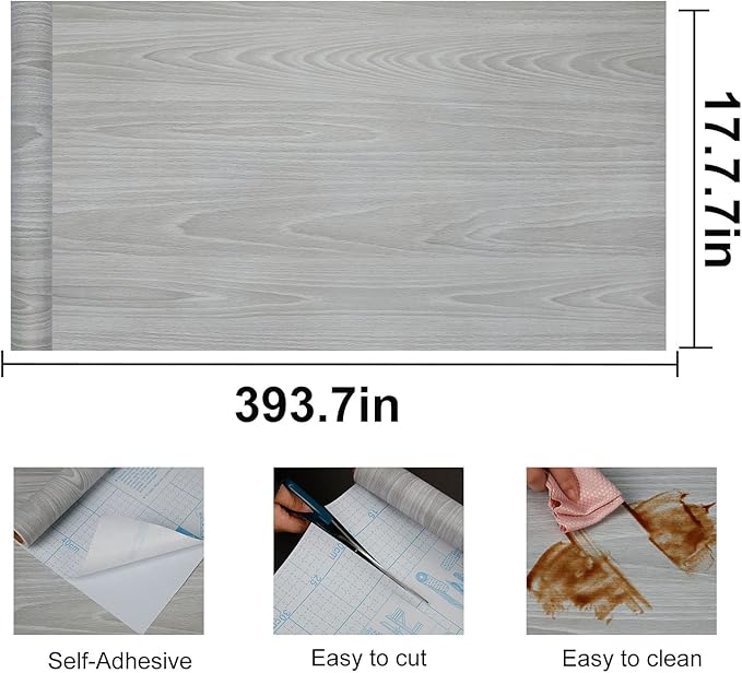 practicalWs 17.7"×393.7" Grey Wood Contact Paper, Waterproof Gray Wallpaper
