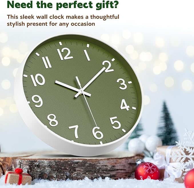 Silent Wall Clock Non-Ticking Battery Operated – Modern Olive Green Analog Wall