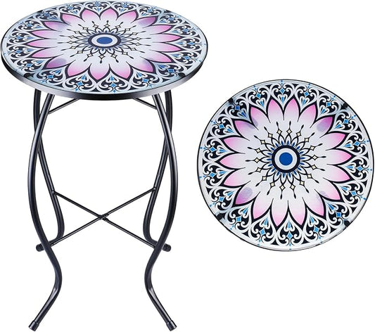 VCUTEKA Outdoor Side Table Mosaic End Table Patio Side Table Small End Tables Glass Top Round Balcony Coffee Porch Indoor Glass Top Flower 14''