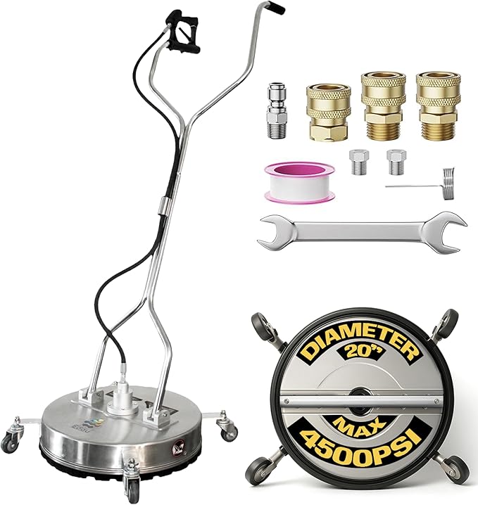 EDOU Direct 20 Inch Pressure Washer Surface Cleaner - Dual Handle Concrete Cleaner, Wheels - Driveway Pressure Washer Attachment, 4,500 PSI Max - Includes Quick Connector Kit - Silver