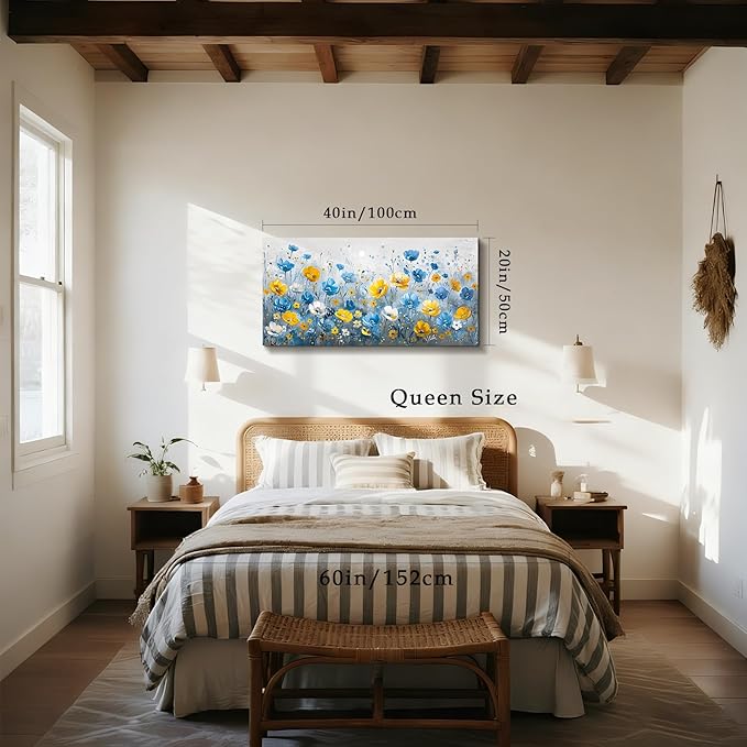 SERIMINO Floral Wall Art, Large Wall Art, Botanical Wall Decor, Blue and Yellow Wildflowers Art Prints, Modern Elegant Pictures for Living Room Bedroom Bathroom Kitchen Office Decorations 20"x40"