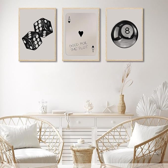 BOKPEN 3Pcs Black and White Poker Dice Wall Art Funky Retro Y2K Trendy Preppy