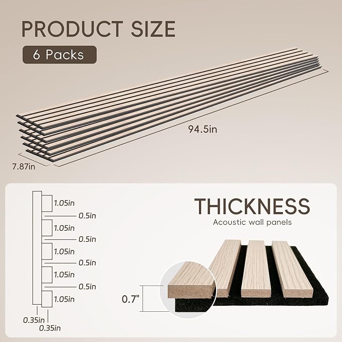 EVERECO 6 Pack Wood Slat Acoustic Wall Panels 92.5" × 7.87", 3D Sound Absorbing