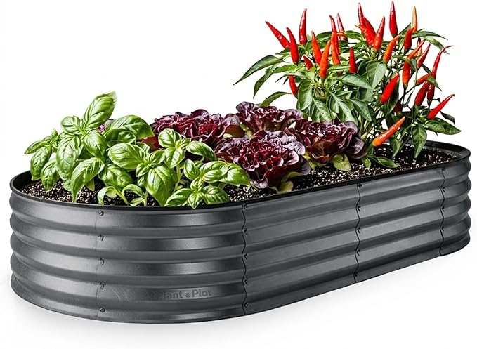 Plant & Plot Galvanized Raised Garden Beds Outdoor // 6Ã3Ã1 ft Planter Raised Beds for Gardening, Vegetables, Flowers // Large Metal Garden Box // Patented Tool-Free Design (Dark Gray)