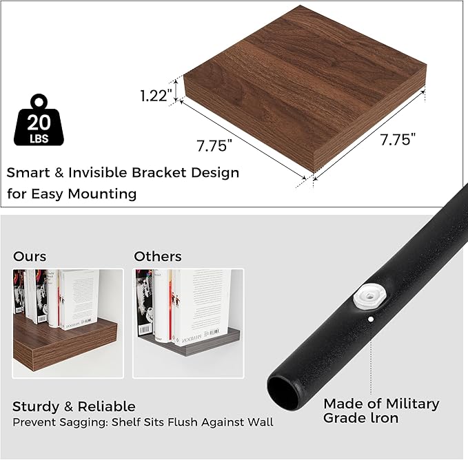 Square Floating Shelves for Wall 8"W x 8"D x 1.2"H, Small Engineered Wood Wall