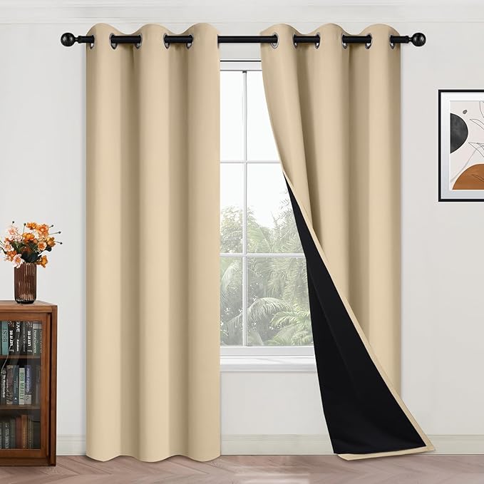 Yakamok Beige 100% Blackout Curtains, Thermal Insulated Total Blackout Drapes