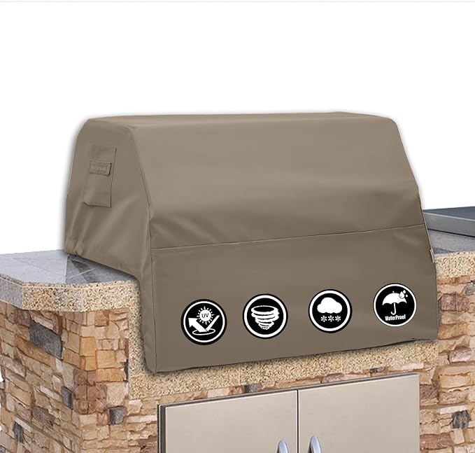 Covers & All Built-in Grill Cover for Outdoor Grill – Heavy Duty 12 oz Waterproof Built-in BBQ Grill Cover, PVC-Coated Polyester with Elastic Hem for Snug Fit (38 x 28 x 24 inches, Beige)
