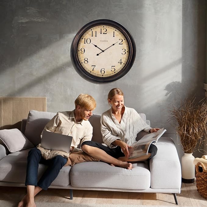 Crosstime 24 Inch Wall Clock Battery Operated Silent Round Vintage Large Wall