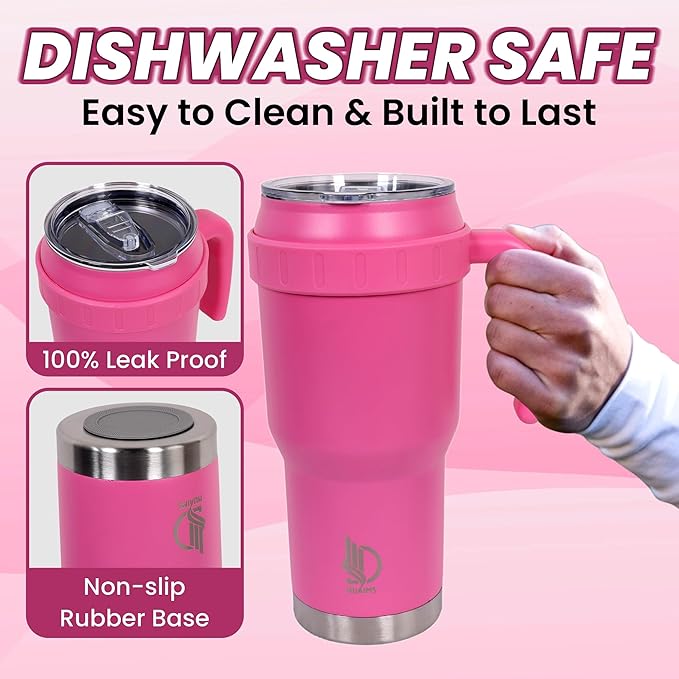 40 Oz Tumbler with Handle & Straw Lid, Insulated Stainless Steel Vacuum Flask, Double Wall Thermal Car Cup for Hot & Cold Drinks, Leak Proof, BPA Free (Rose Pink)