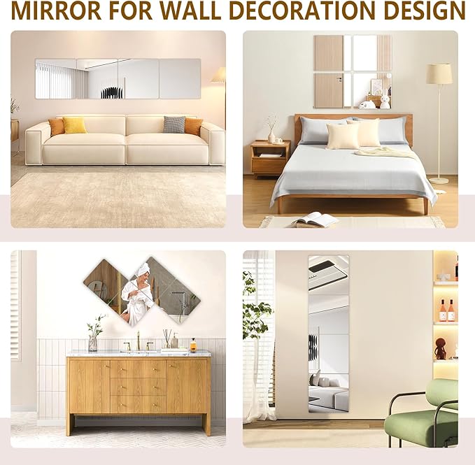 Stick on Small Mirror for Wall Decor, 4 Pack 11.7”x11.7” Acrylic Mirror Tiles