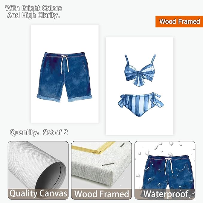 Liyark Set of 2 Retro Navy Blue And White Swimsuit Art Posters Beach Bathing