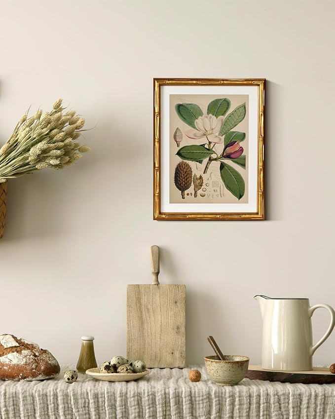 InSimSea Gold Bamboo Framed Canvas Wall Art, Retro Nature Magnolia Botanical