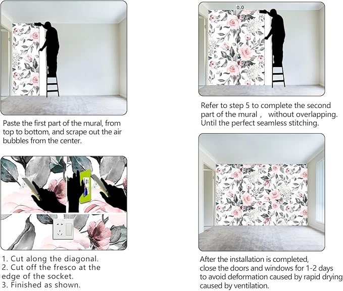 Grey Leaf Pink Flowers Mural Bedroom Floral Wallpaper Room Decor Living Room tv