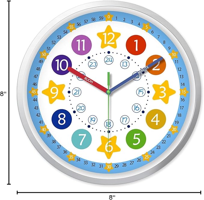 XFM Blue Kids Wall Clock 8 Inch Silent Non Ticking Quartz Battery Operated