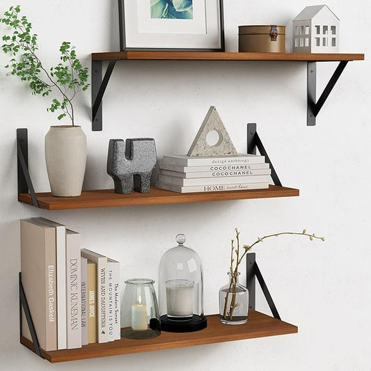 Forbena Walnut Brown Wall Bookshelf, 24 x 8 Inch Floating Bookshelves Set of 3