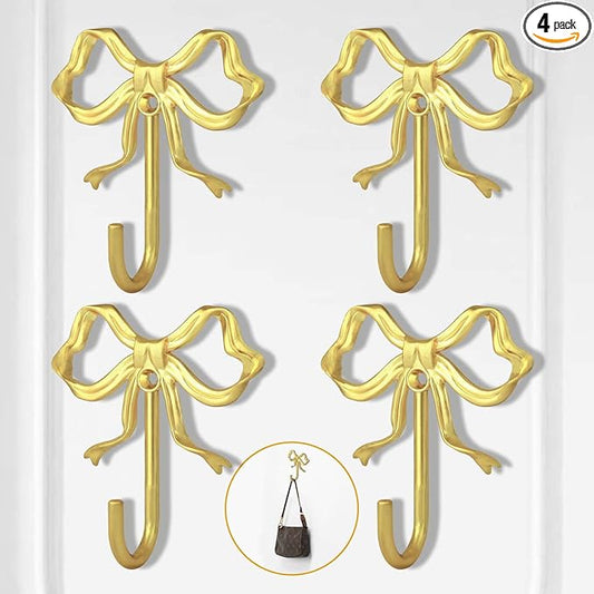 4 PCS Large Size Gold Bow Wall Hook, Metal Hooks, Bow Room Decor Hooks