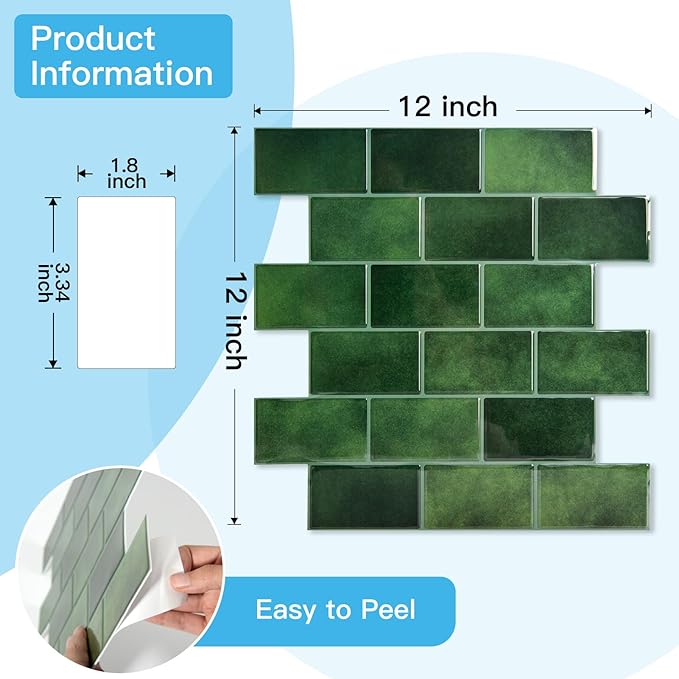 Art3d Peel and Stick Green Wall Tiles – 12"x12" Thicker Design Backsplash