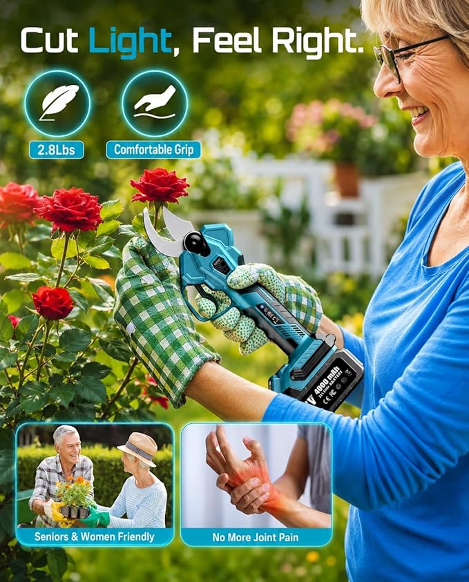 SEESII Electric Pruning Shears for Gardening: 1.8” Cutting Cordless Power Pruner - Brushless Motor, Dual 4.0Ah Battery, 4 Levels Adjustable Extra SK5 Blade Branches Cutter For Tree & Flower Trimming
