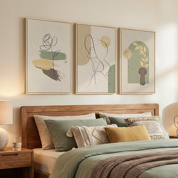 Framed Abstract Boho Wall Art for Living Room, 3 Piece Large Neutral Canvas
