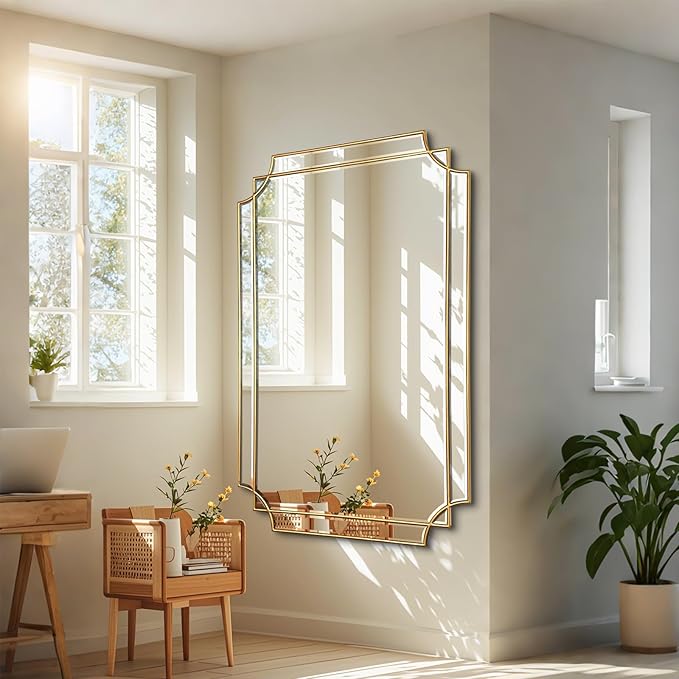 HQiJun Gold Mirror for Wall, Polished Bevelled Rectangle Mirror, Modern