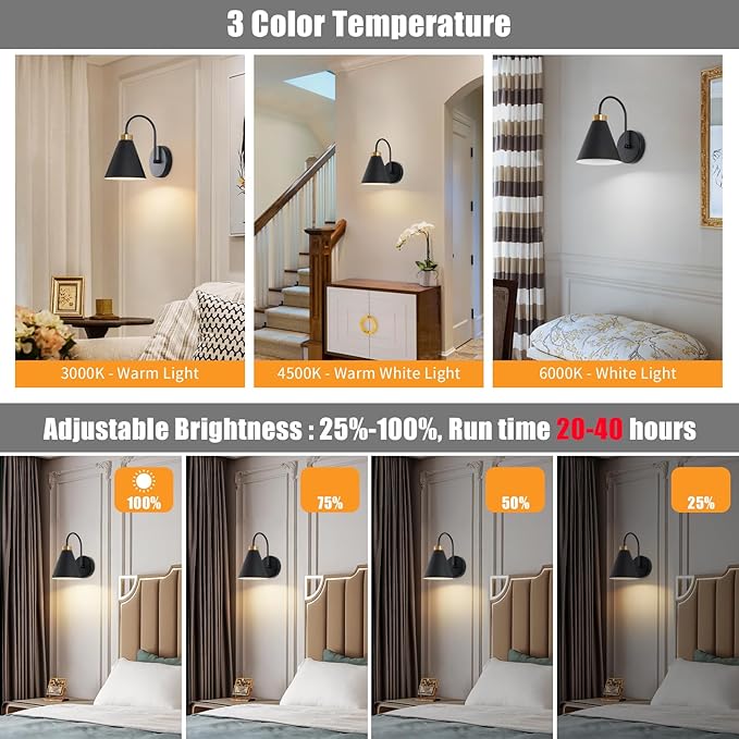 Powfloven Vintage Rechargeable Wall Sconces Set of 2, Battery Operated Bedside