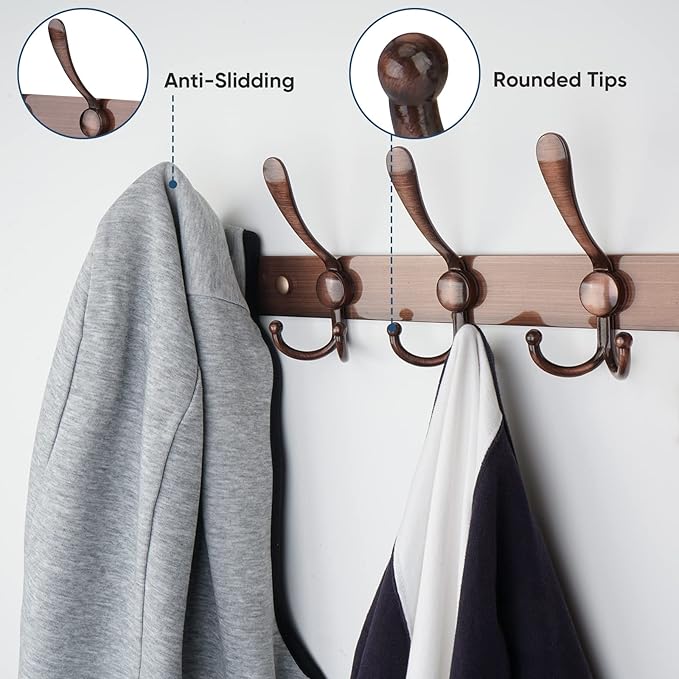 TICONN Wall Mounted Coat Rack, Five Heavy Duty Tri Hooks All Metal Construction