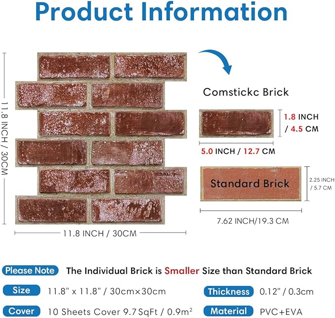COMSTICKC 3D Red Brick Wall Panels Peel and Stick Tiles, Small Size Thin PVC