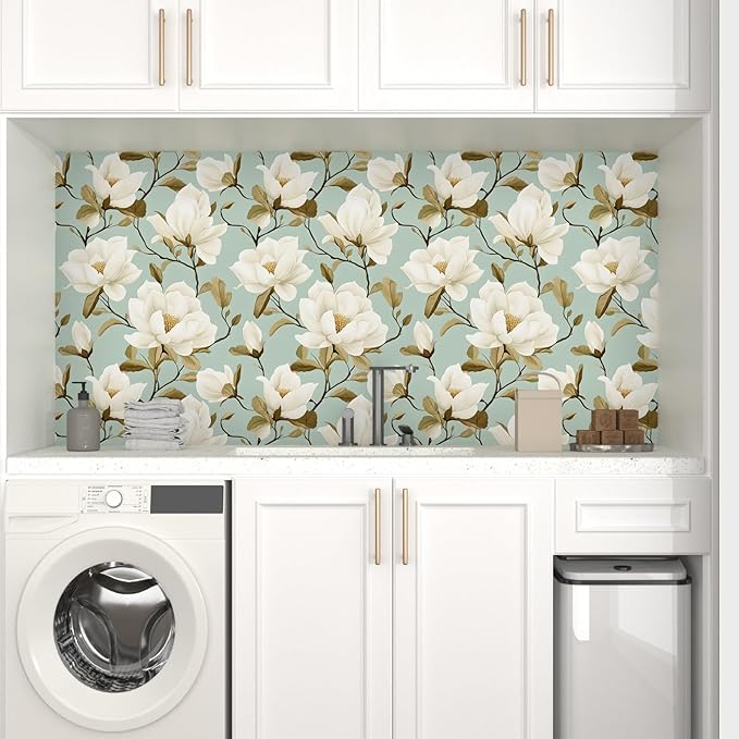 Modern Green White Flowers Wallpaper Blue Floral Peel and Stick Contact Paper