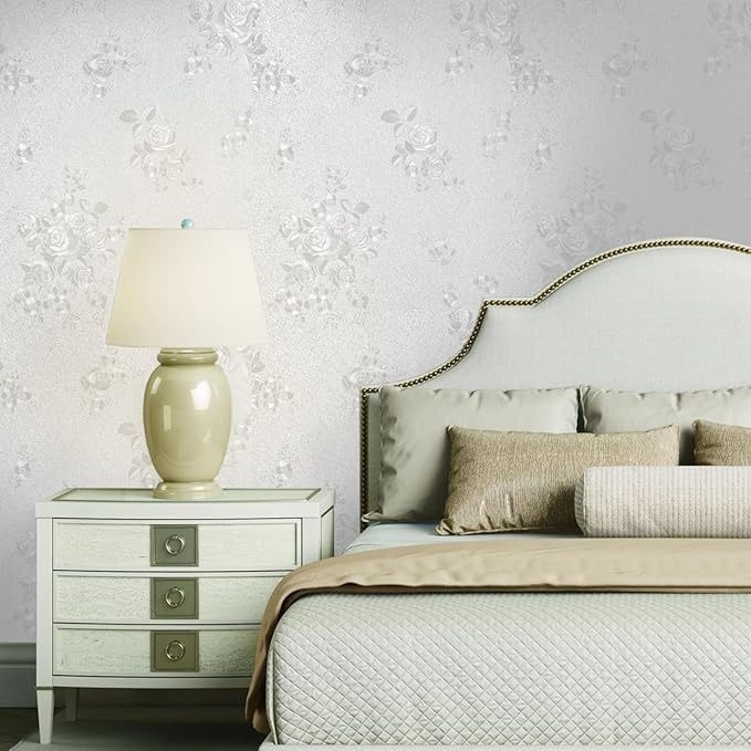 Erfoni White Embossed Peel and Stick Wallpaper Textured Floral Contact Paper