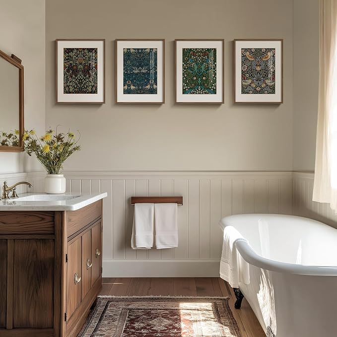 Framed William Morris Wall Art Set of 4, Vintage Botanical Floral Bird Prints