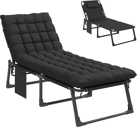 Outsunny Chaise Lounge Chair Outdoor, 5-Position Reclining Pool Lounge Chair with Cushion, Side Pocket, Headrest, Folding Lounger Tanning Chair Camping Cot for Patio, Beach, Black