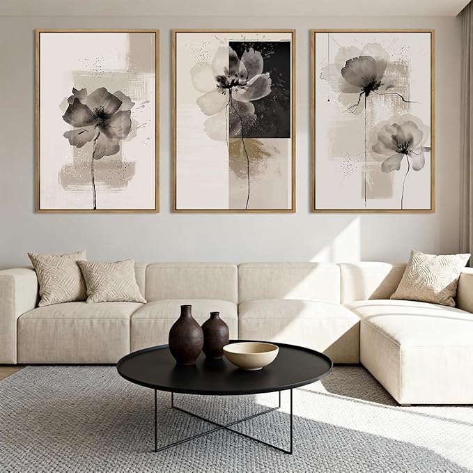 IARTTOP Neutral flower Framed Wall Art 16x24 Inch Black Beige Abstract Floral Canvas Wall Decor Modern Minimalist Flower Paintings for Living Room Bedroom Dining room Set of 3