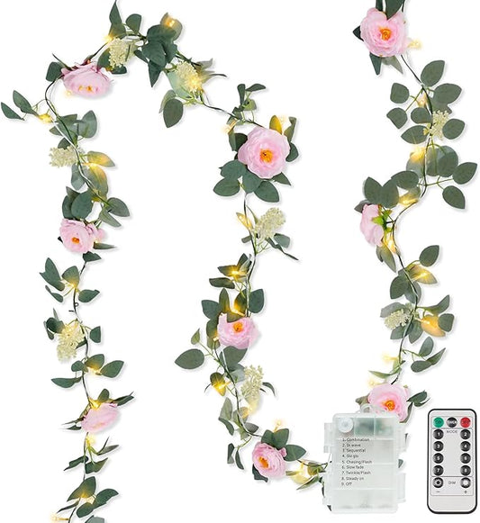 suddus Flower Garland with Pink Camellia Fairy Lights Indoor, 60 LED Vines