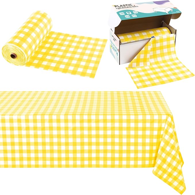 Kochorie 54 Inch x 300 Ft Light Yellow Checkered Plastic Table Cloth Roll
