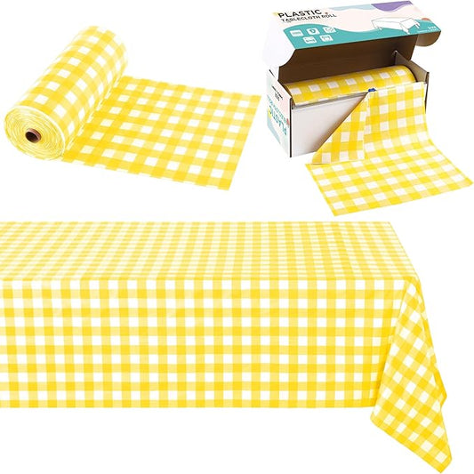 Kochorie 54 Inch x 300 Ft Light Yellow Checkered Plastic Table Cloth Roll