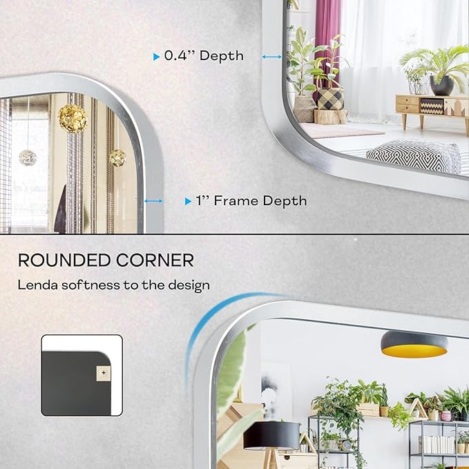 Wall Mount Mirror for Bathroom, Brush Silver Metal Framed Rounded Corner Square
