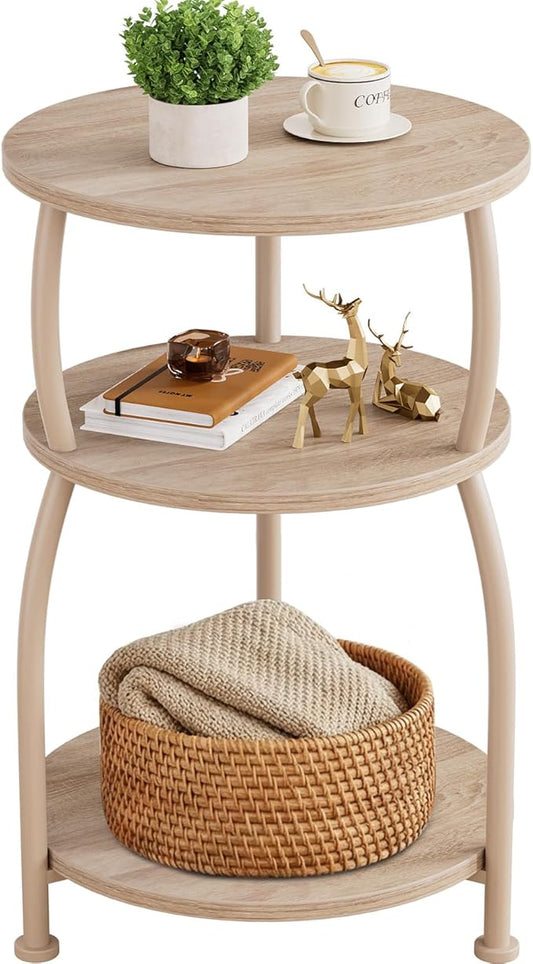 Round Side Table, 3-Tier End Table with Storage Shelf, 15.7" Wide Nightstand for Small Spaces, Tall Sofa Table Capable of Holding Laptops & Lamps, Bedside Table for Bedroom & Living Room, Oak