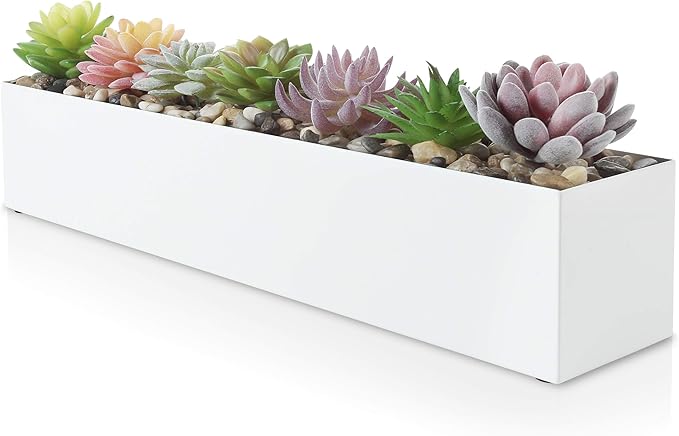 DR&Co Modern White Rectangle Planter Box, 16" Metal Planter Perfect for Succulent, Narrow Box for Table or Window Sill, Rectangular Stainless Steel Long