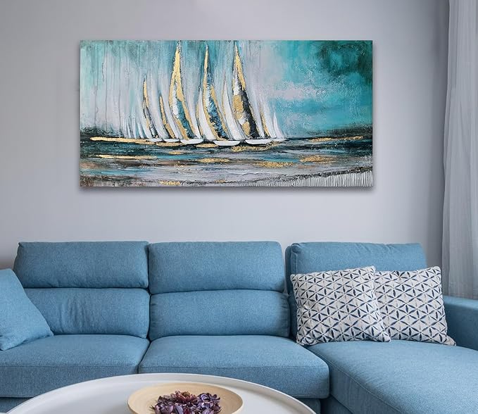 Anolyfi Blue Abstract Canvas Wall Art Teal Ocean Sailboat Picture Modern