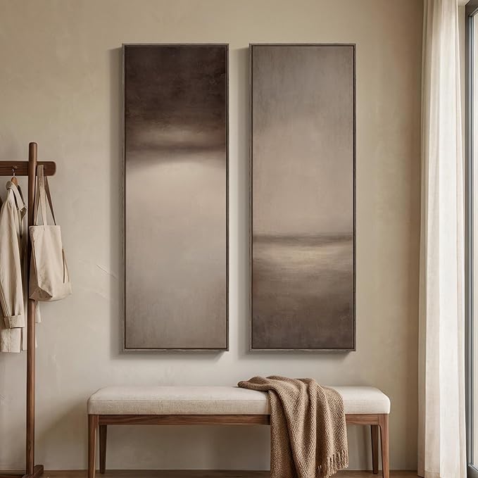 Long Narrow Framed Brown and Beige Neutral Abstract Vertical Wall Art,