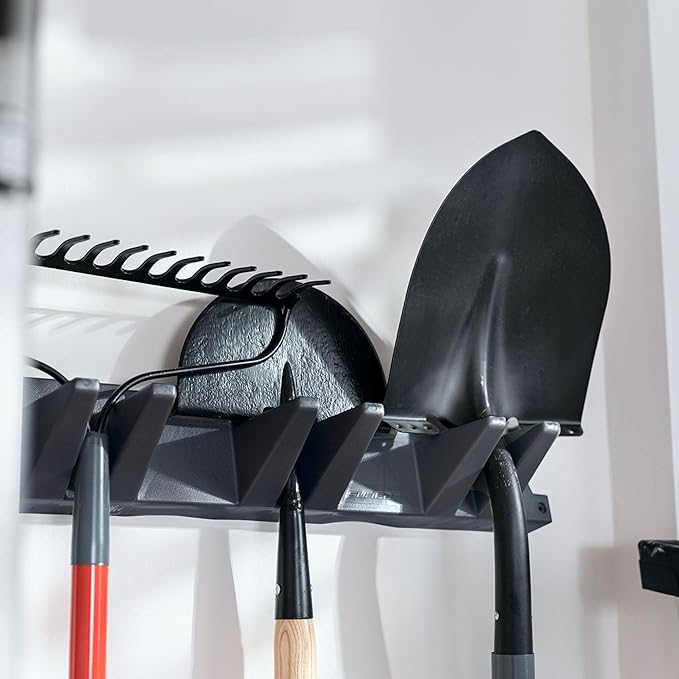 Suncast 3 Pack Long Handle Tool Organizer, Resin Wall Mount Storage Rack with Interlocking Hook System for Garage or Closet, 4.5” x 25” x 5.25”, Black