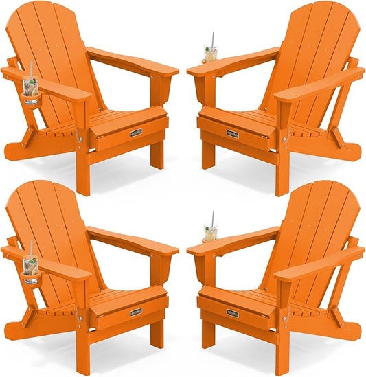 SERWALL Folding Adirondack Chair Set of 4, Weather Resistant HIPS Patio Chairs with Cup Holder for Patio Garden Outdoors Fire Pit Chairs- Orange