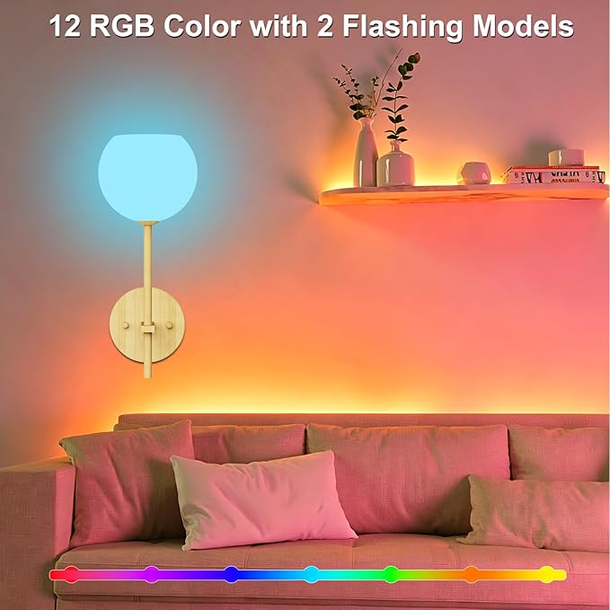 Wood Grain Battery Operated Wall Sconces Set of 2, Rechargeable Wireless Wall
