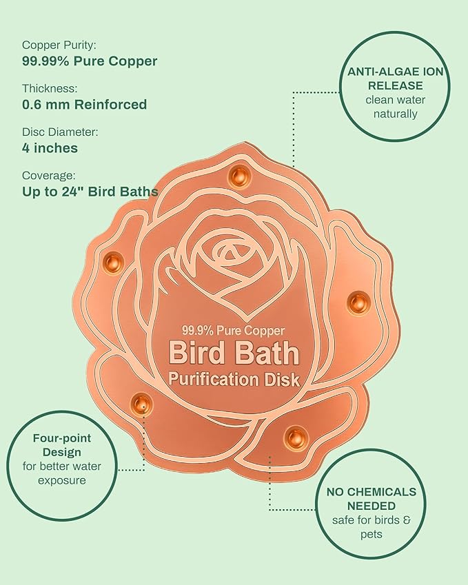 Bird Bath Purification Disk Pure Copper Outside Winter Solar Power Birdbath Wild Hummingbird Hanging Bowl Metal Warmer Deck Railing Humming Feeder Outside Water Pole Fountain Station Gift Rose