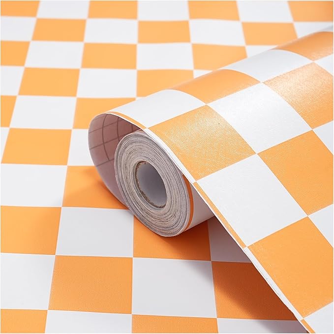 Modern Peel and Stick Wallpaper Orange and White Mosaic Checkered Contact Paper